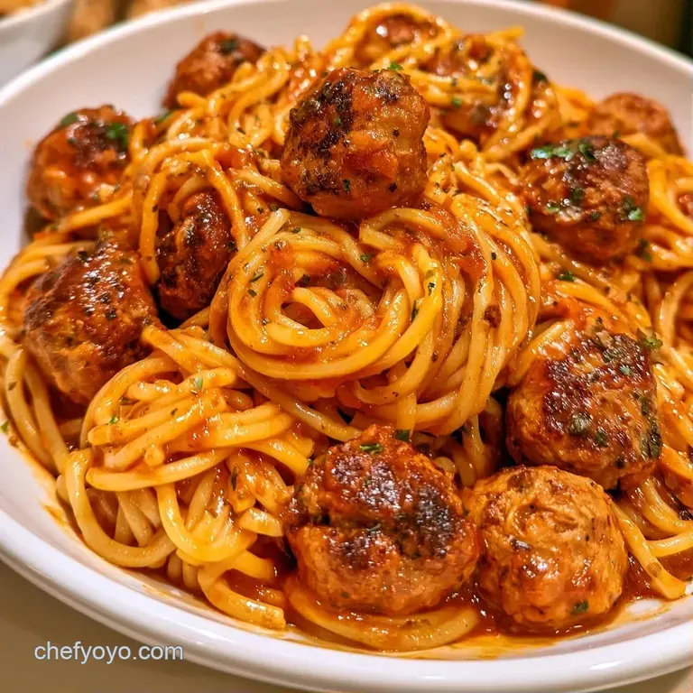 Elegant swirl of pasta topped with seared brown meatballs in a glossy red sauce on a clean white ceramic dinner plate.