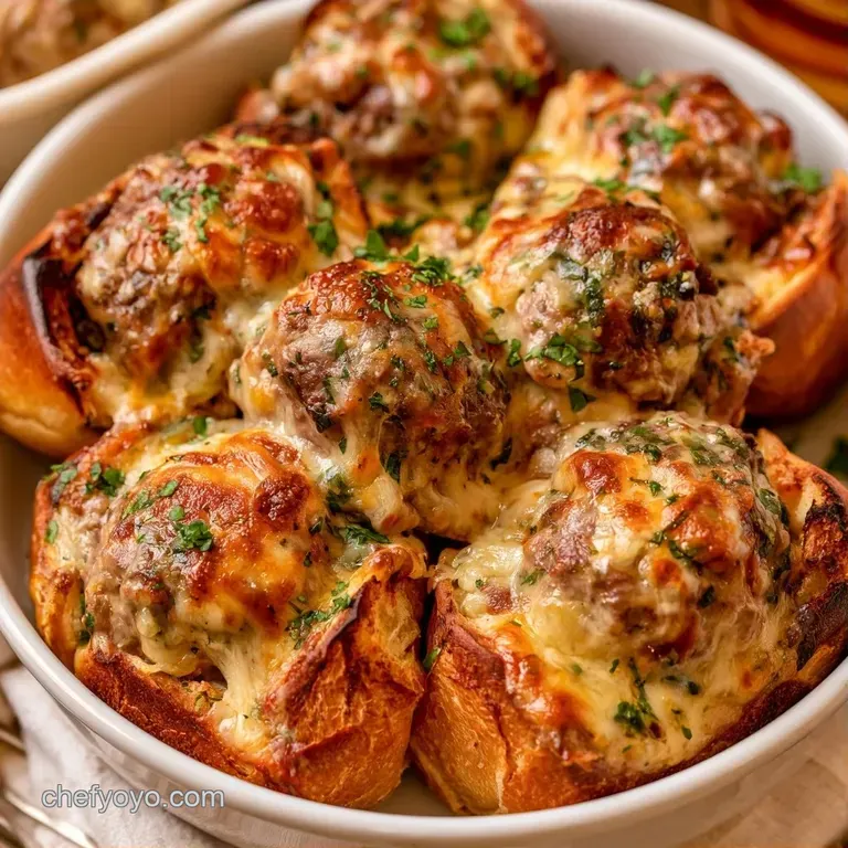 Golden-brown toasted rolls filled with savory meatballs and melted cheese, garnished with fresh green parsley.