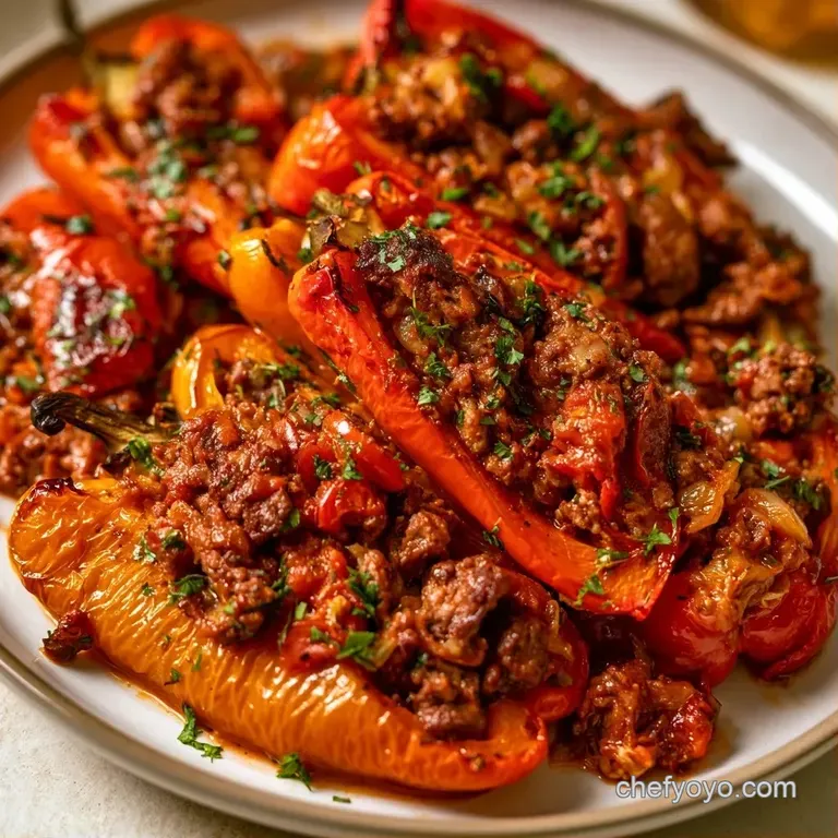 Bright red and yellow peppers filled with seasoned meat and melted cheese on a minimalist matte grey ceramic plate.