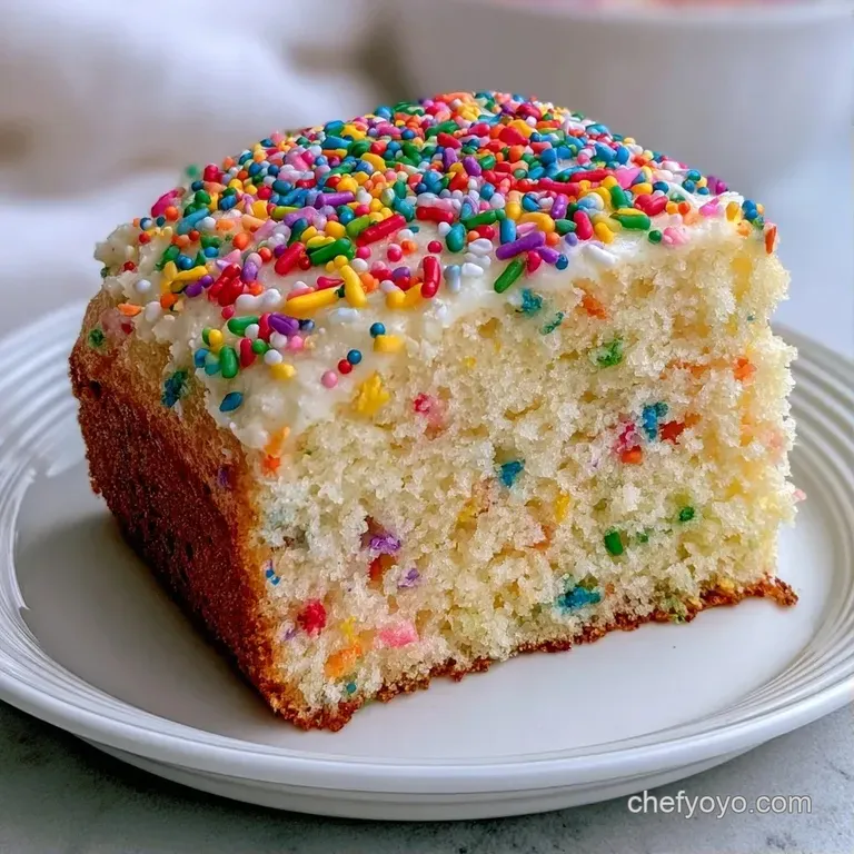 A neat slice of white cake on a ceramic plate, showing soft crumb and a pattern of bright, colorful frosting dots.