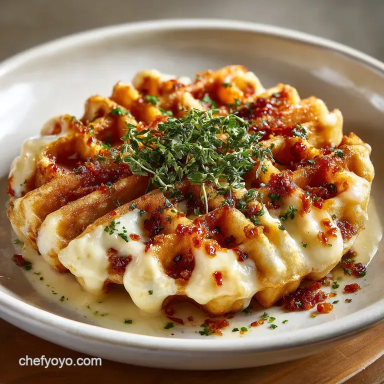 Stack of golden-brown waffle iron queso frito triangles drizzled with creamy sauce and vibrant cilantro sprigs on a white ...