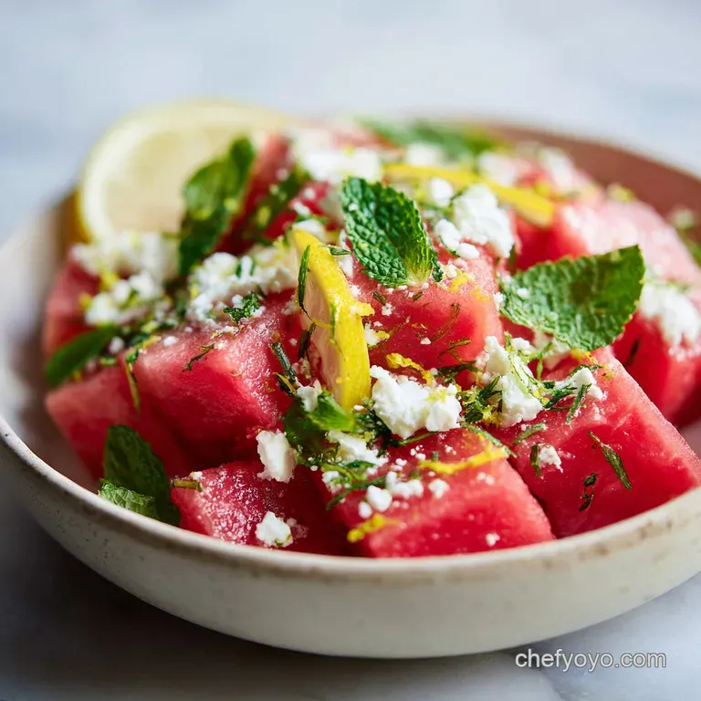 Elegant watermelon salad. Juicy red cubes, salty feta, and verdant mint leaves artfully arranged on a white plate, drizzle...
