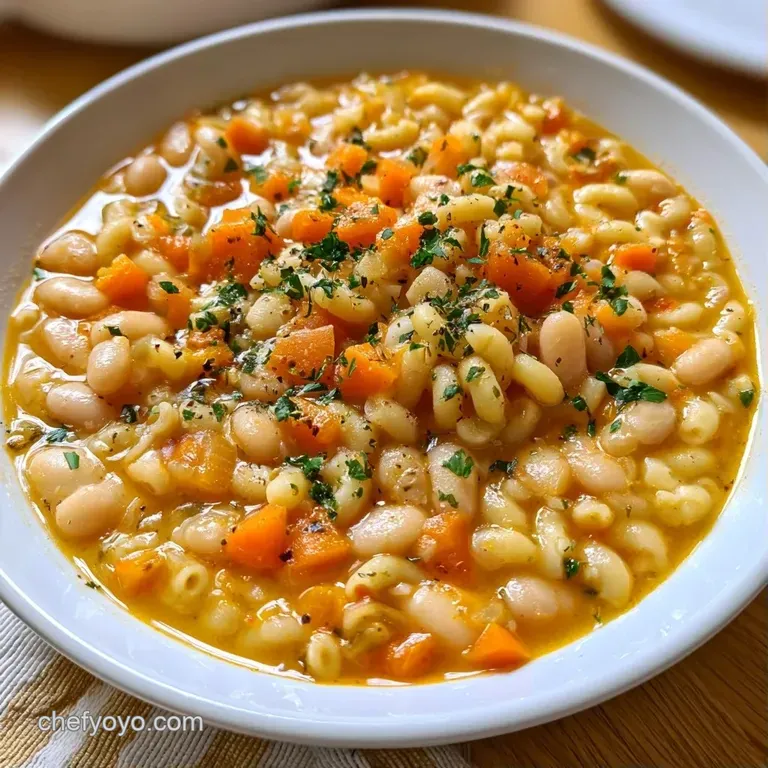 Hearty white beans and small pasta in a ceramic bowl, set on a linen napkin with a side of crusty toasted bread.