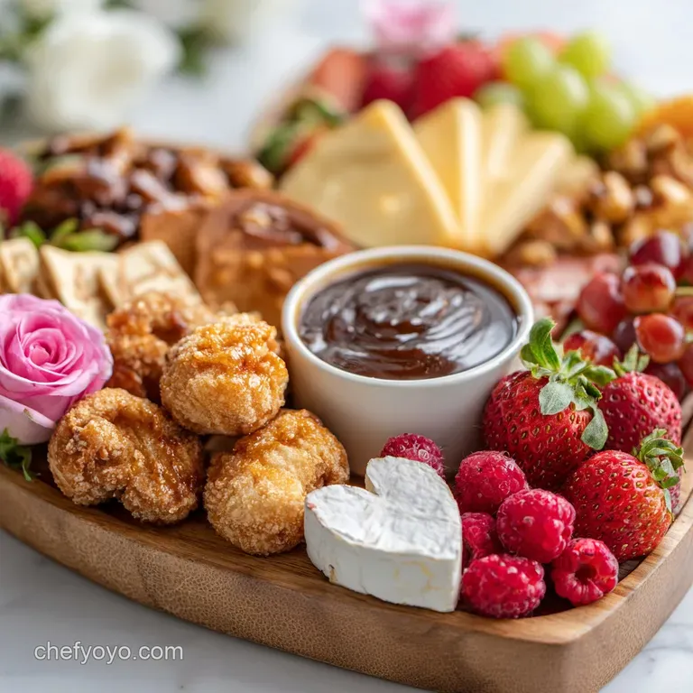 Artfully arranged charcuterie board featuring salami roses, brie with honey, berries, and assorted sweet and savory treats.