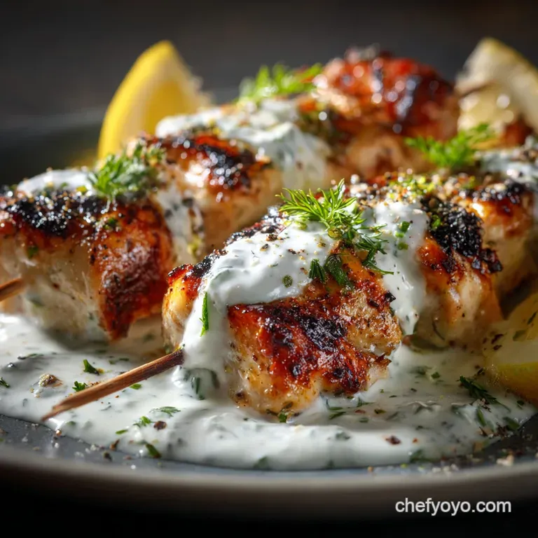 Zesty Greek Lemon Chicken Skewers Souvlaki with Cooling Tzatziki presentation
