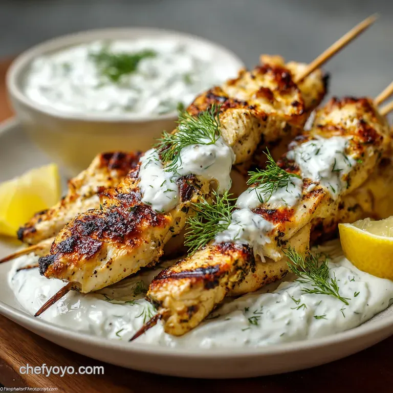 Zesty Greek Lemon Chicken Skewers Souvlaki with Cooling Tzatziki